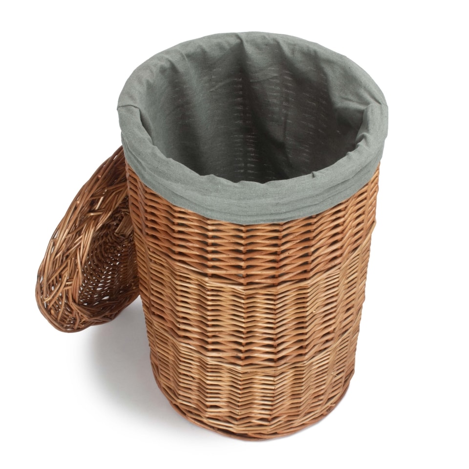 image 1 of Small Light Steamed Round Linen Basket with Grey Sage Lining | Grey | Grey