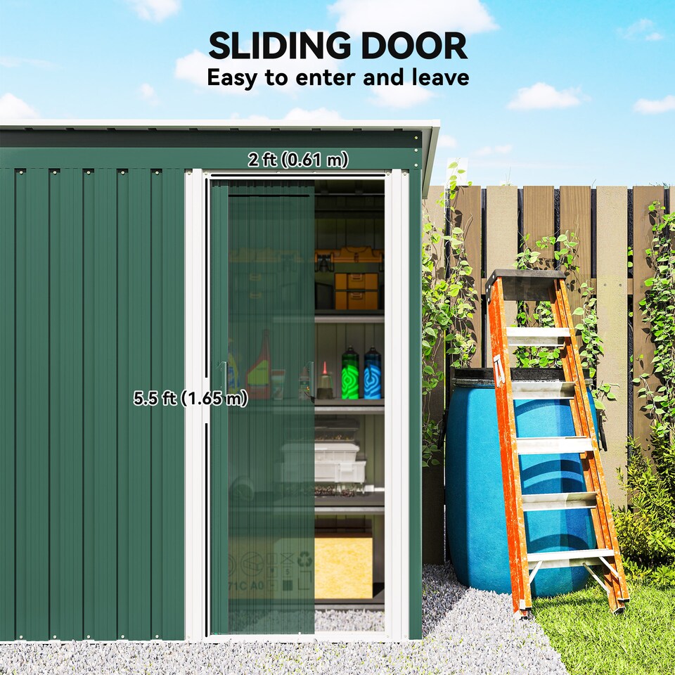 image 1 of Outsunny 5 x 3ft Garden Storage Shed with Sliding Door and Sloped Roof, Lean to Outdoor Equipment Tool Shed for Garden, Green