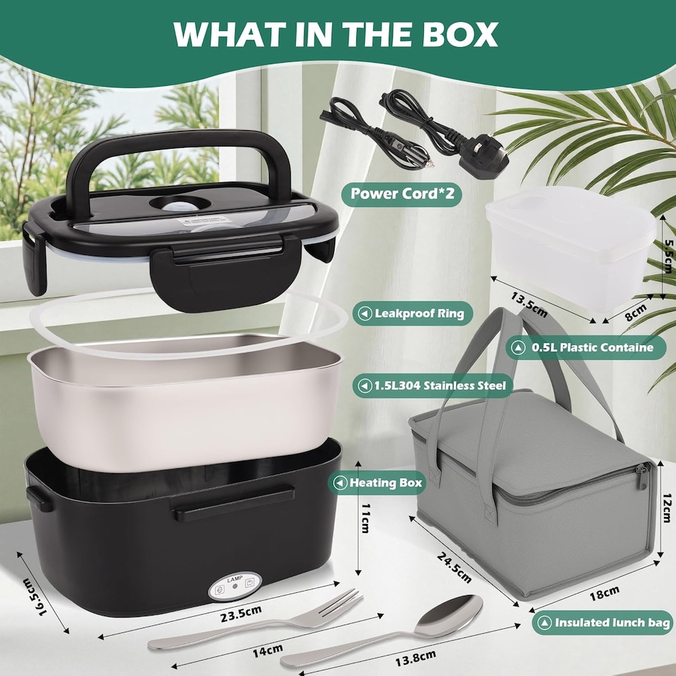 image 1 of Alivio Electric Lunch Box with 1.5L Stainless Steel & 0.5L Plastic Container, Quick Heating, Leak-Proof (Black)