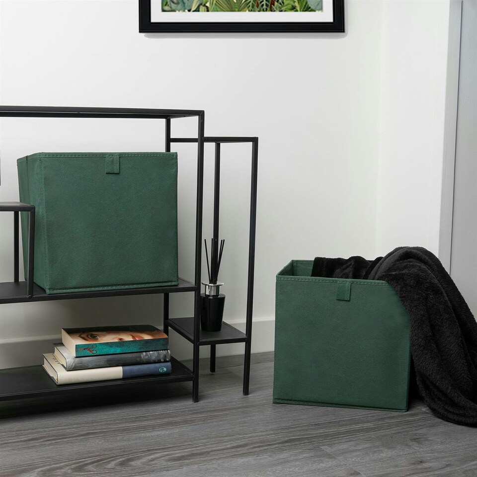 image 1 of OHS 2 x Plain Folding Storage Cube Boxes, 27x27cm - Forest Green