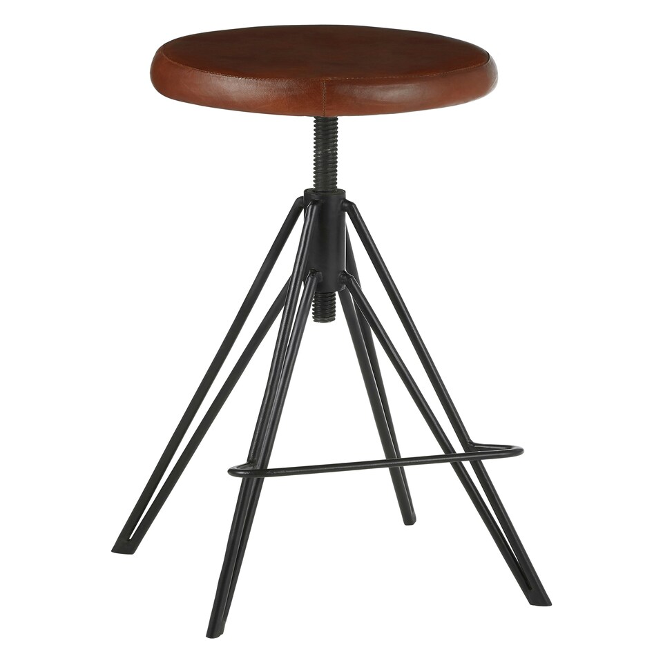 image 1 of Interiors by Premier Stylish Round Leather Stool, Comfortable Leather Upholstered Bar Stool, Sturdy Metal Kitchen Stool Brown