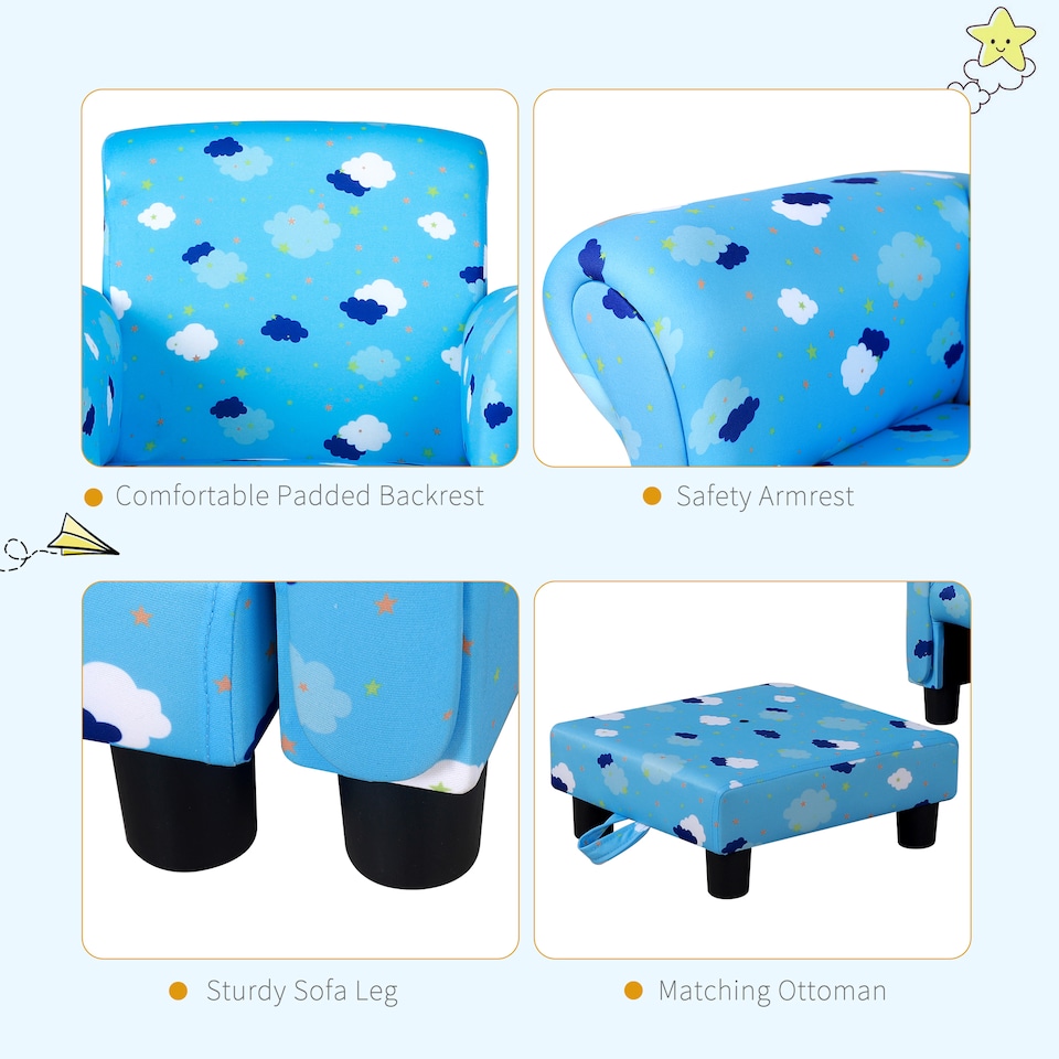 image 1 of HOMCOM Kids Armchair Children Mini Sofa Wood Frame w Footrest Cute Cloud Star | Blue | One Size
