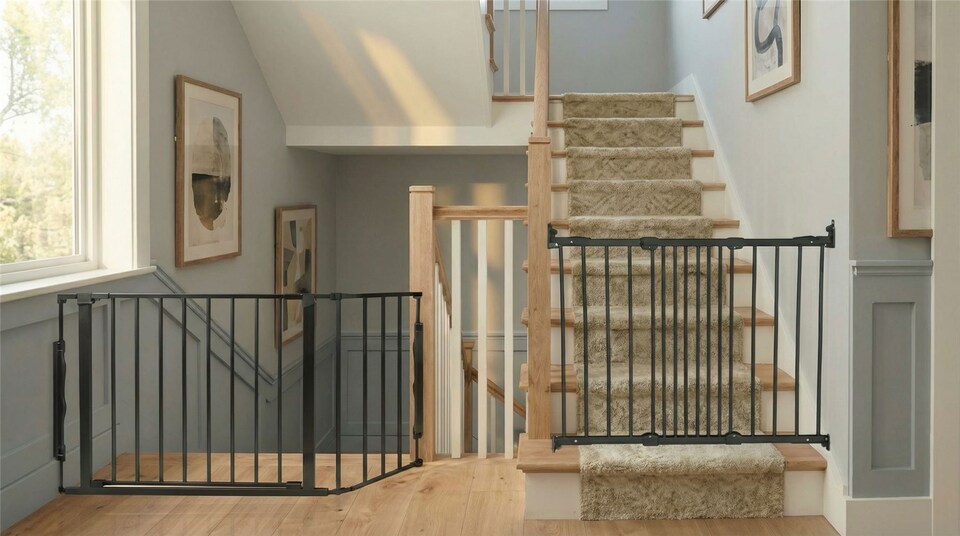 image 1 of Safetots Solution for Up and Down Staircases, Black, Multi Panels, up to 128cm, and, Screw Fit Gate, 67cm - 105.5cm