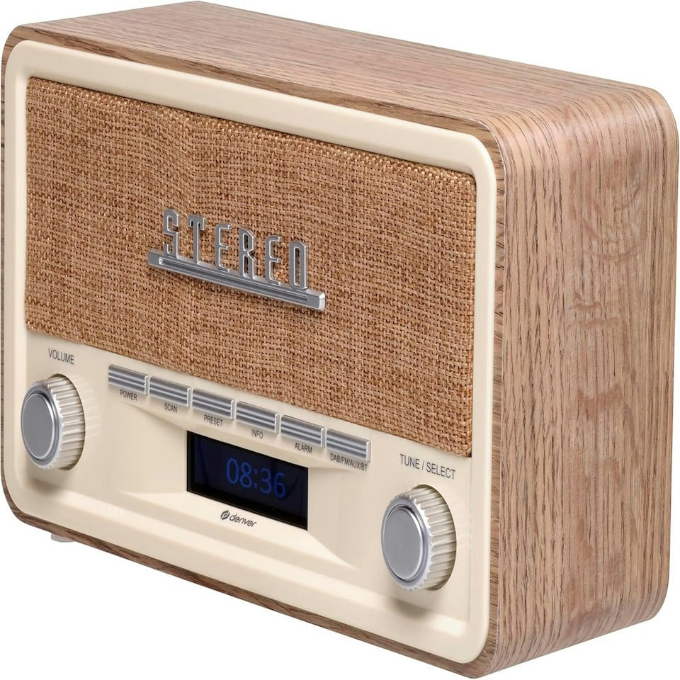 image 1 of Vintage Style Stereo DAB/DAB+ & FM Radio – Grey Wood Cabinet, Bluetooth, Clock Radio Alarm, AUX IN for Smart Phone/Tablet / MP3 Player – Mains or Battery