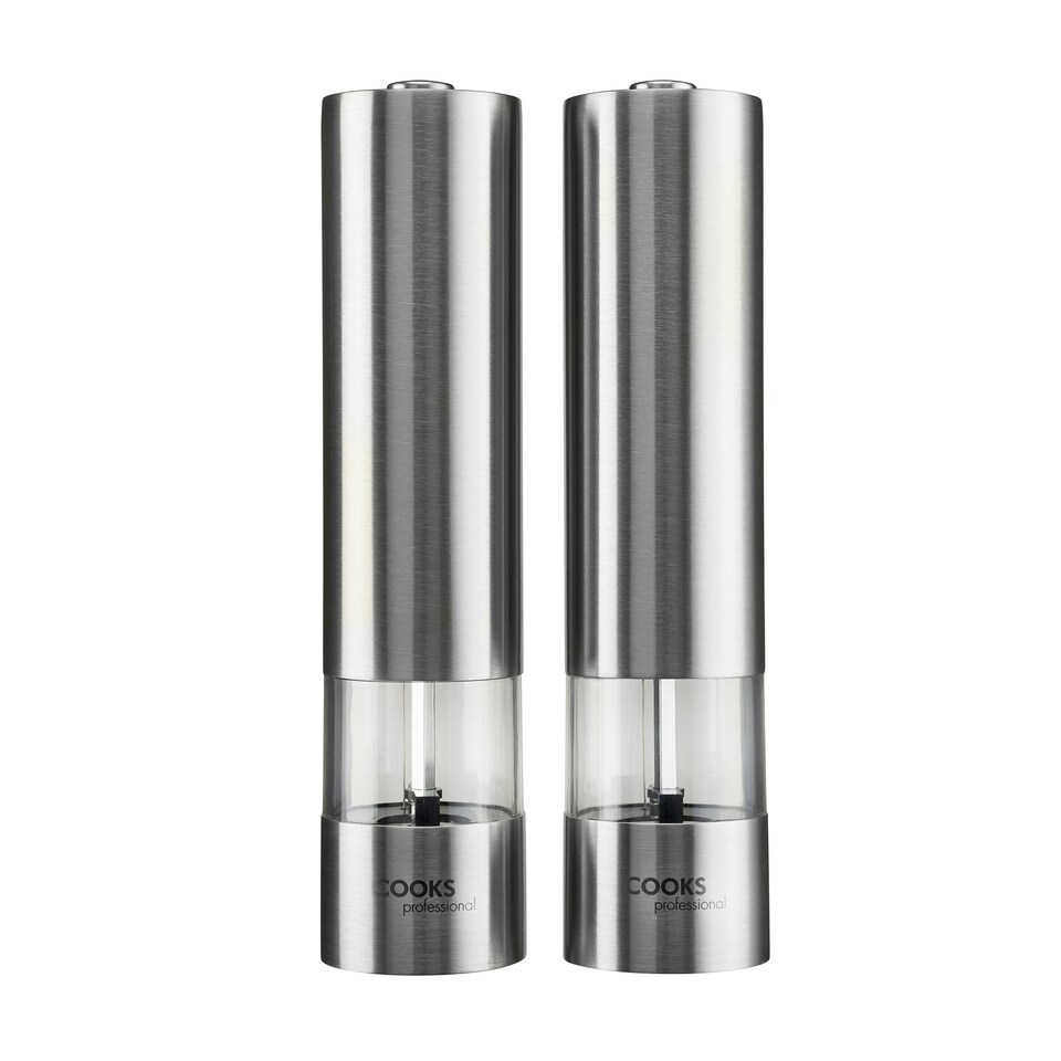 image 1 of Cooks Professional Electric Salt & Pepper Mill Set with Bamboo Base | Adjustable Grind Settings | Simple One-Button Operation | Stainless Steel / Bamboo