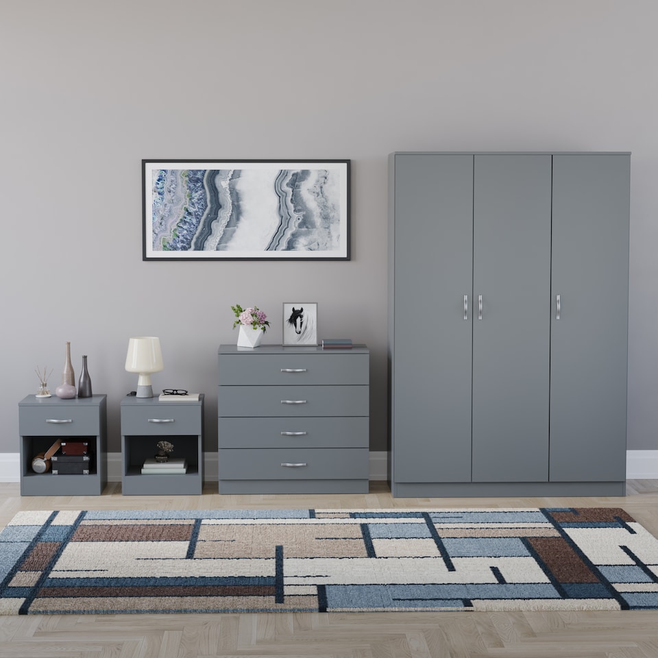 image 1 of Vida Designs Riano 4 Piece Bedroom Set (1 Drawer Bedside Chest, 4 Drawer Chest, 3 Door Wardrobe), Grey (6)