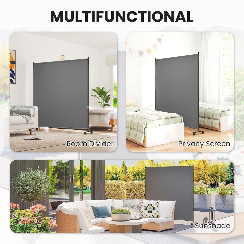 image 1 of Outsunny Room Divider with Wheels, 6ft Rolling Privacy Screen, Dark Grey | Grey | Dark Grey | 1