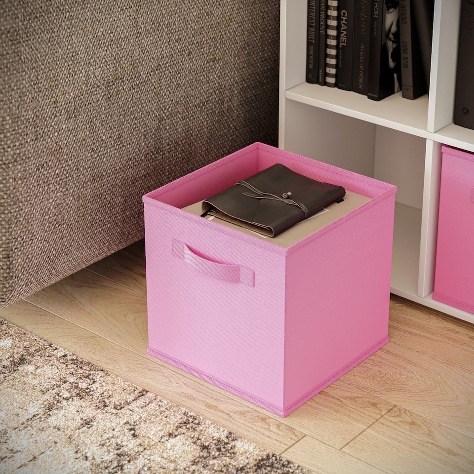 image 1 of Wide 7-Cube Bookcase With Drawers | Brown | Oak & Light Pink | 1