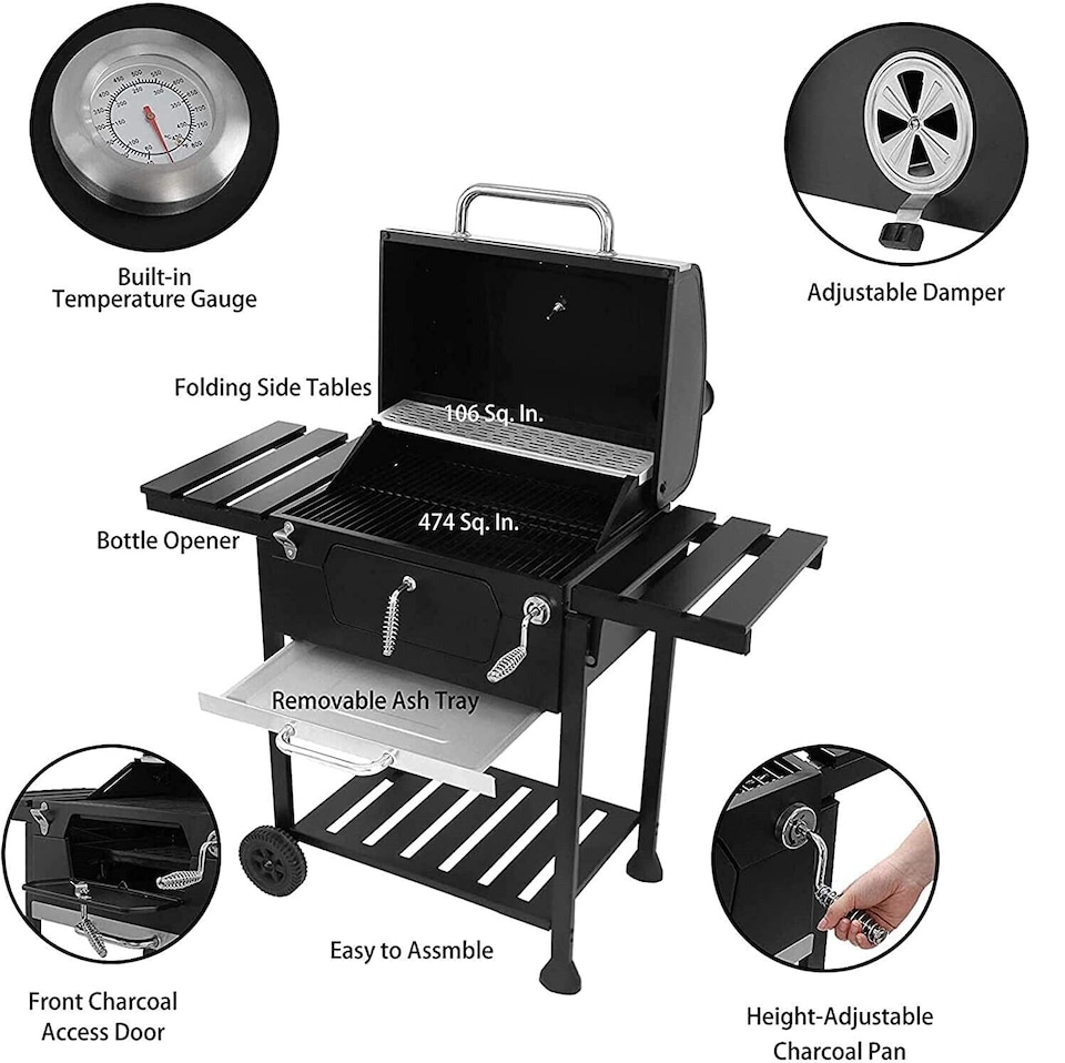image 1 of Black Charcoal Grill BBQ Trolley Wheels Two Arm Garden Smoker Shelf Side Steel With Cover