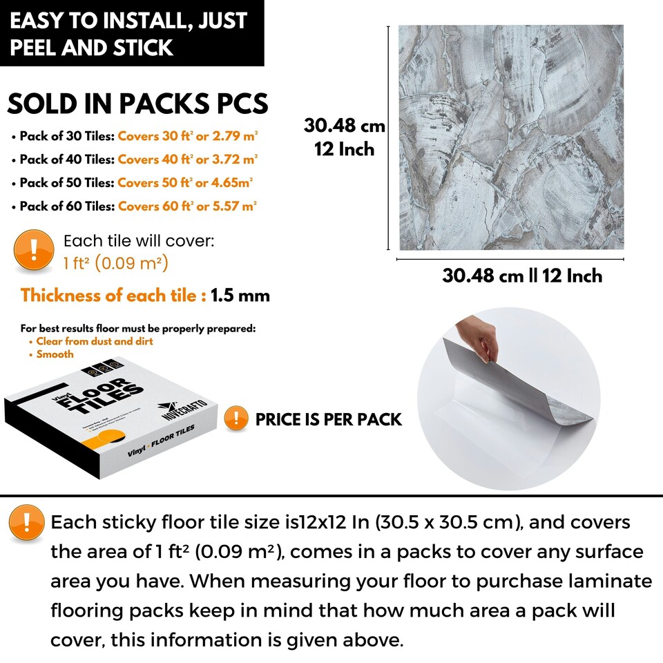 image 1 of NOVECRAFTO Vinyl Floor Tiles Self Adhesive – 12x12in Peel and Stick Flooring for Kitchen, Bathroom & Living Room – Charcoal Marble Flow Design | Grey | 4.65 sqm