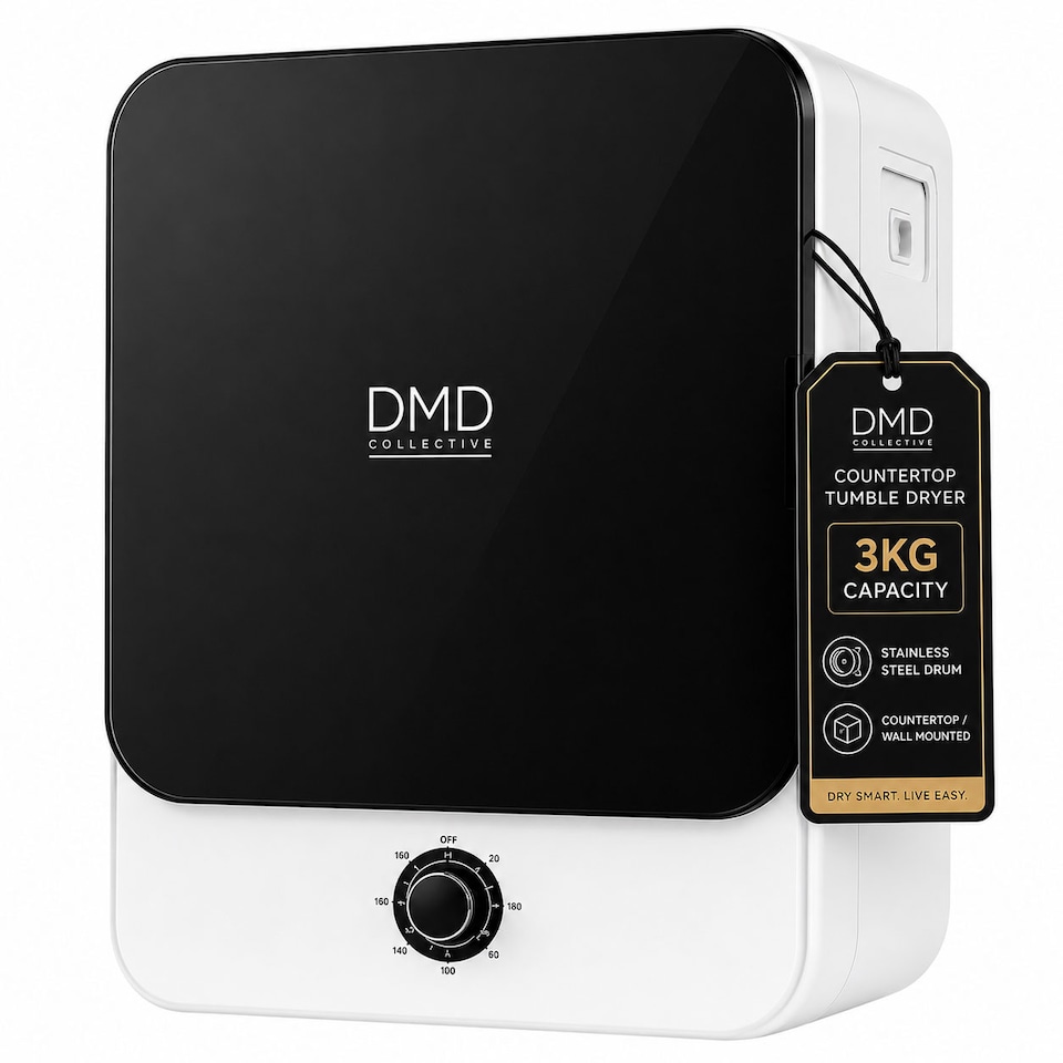 image 1 of DMD 3kg Mini Compact Vented Tumble Dryer, 3 Temperature Settings, Countertop or Wall Mounted, 180mins Timer, Stainless Steel Tub