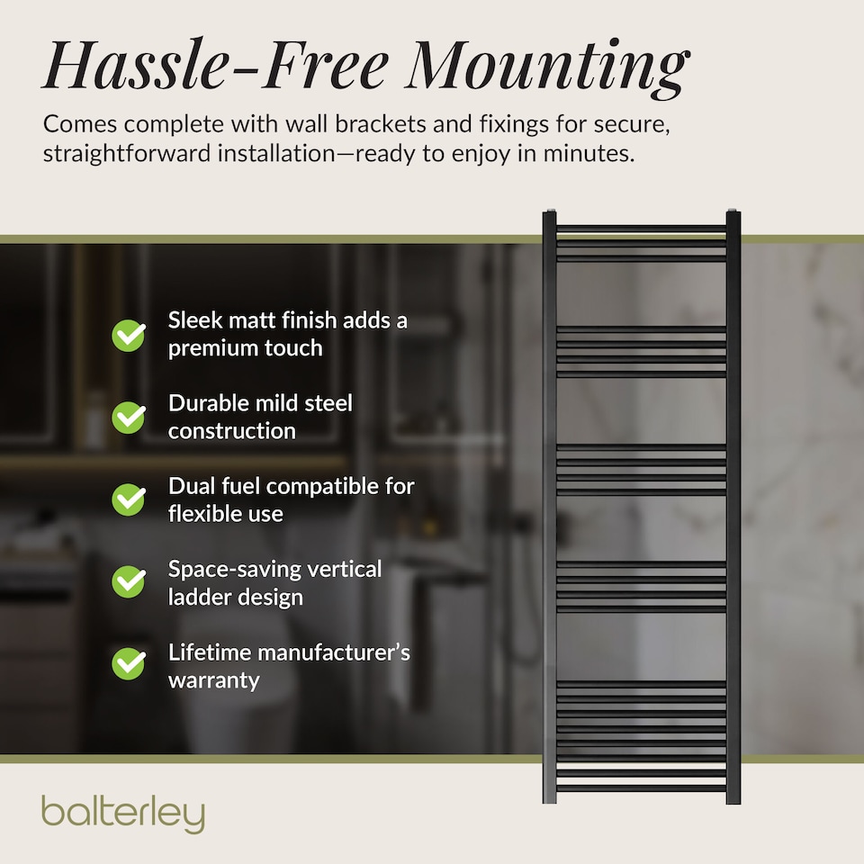 image 1 of Straight Heated Towel Rail Radiator, 930W, 600 x 1500mm, Matt Black | Black | Matt Black