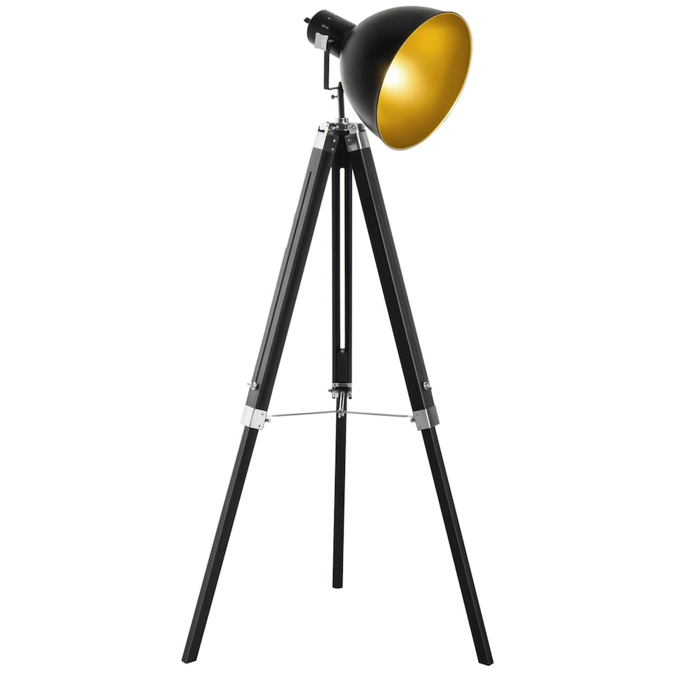 image 1 of HOMCOM Tripod Floor Lamp, Spotlight Reading Lamp w Adjustable Height, Angle, Wood Legs for Living Room, Bedroom, Home, Office, Black and Gold