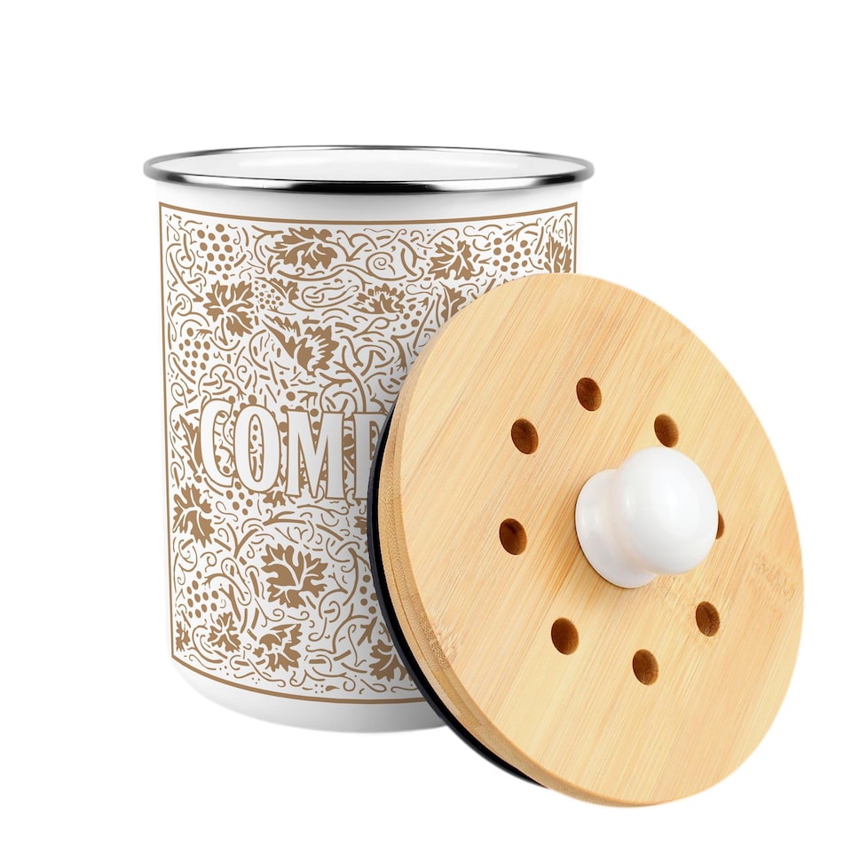 image 1 of Oak Leaves & Berries Compost Caddy - Metal 2L Golden Yellow Decorative Kitchen Food Waste Bin