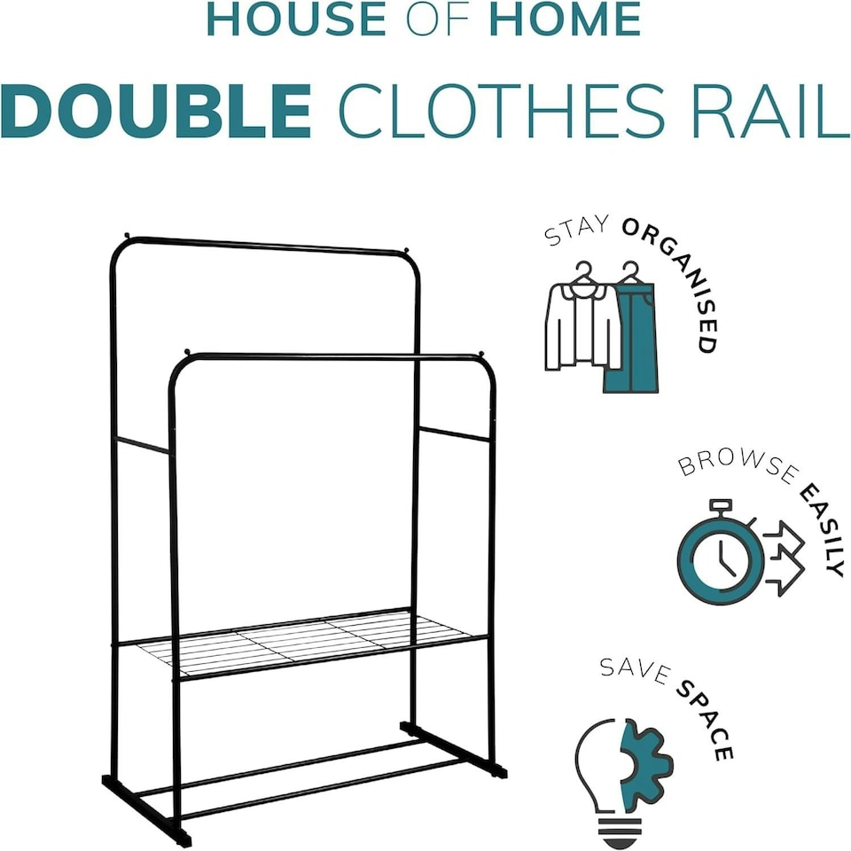 image 1 of Double Clothes Rail Heavy Duty Metal with Shoe Rack Garment Hanger Hat Bag Hooks Black | One Size