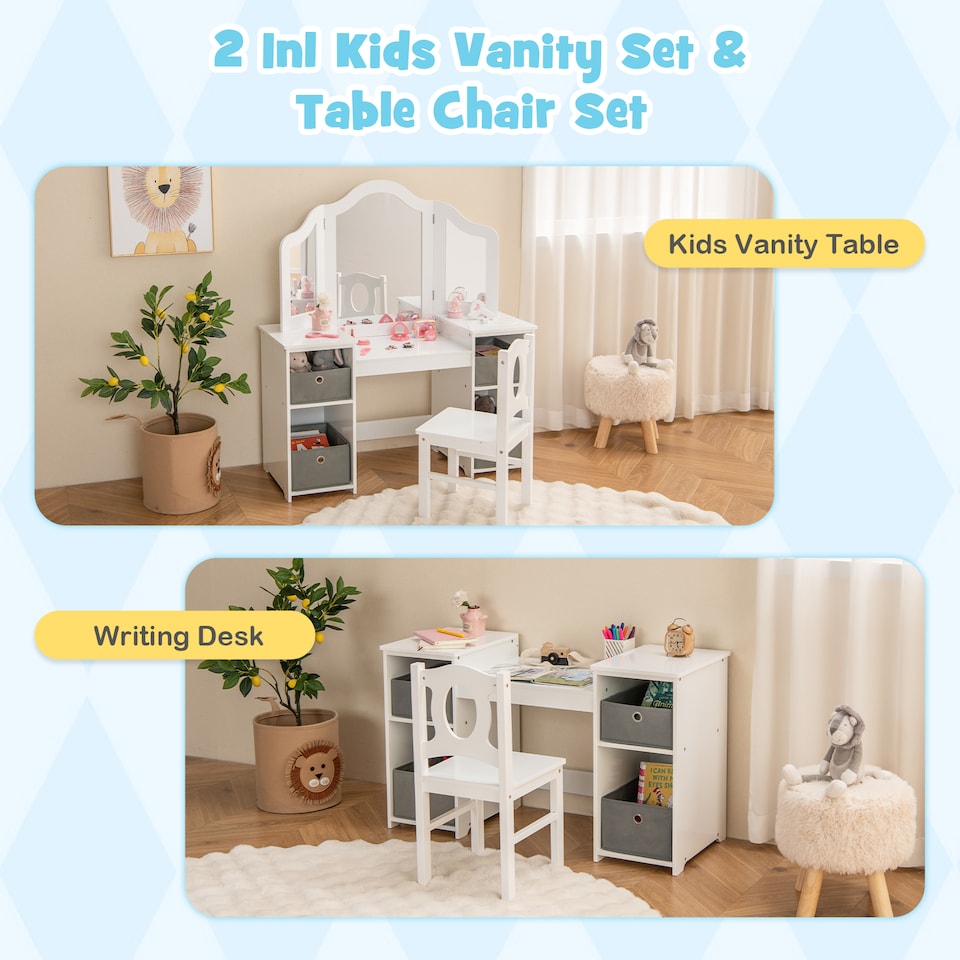 image 1 of COSTWAY Kids Vanity Desk & Chair 2 in 1 Makeup Pretend White