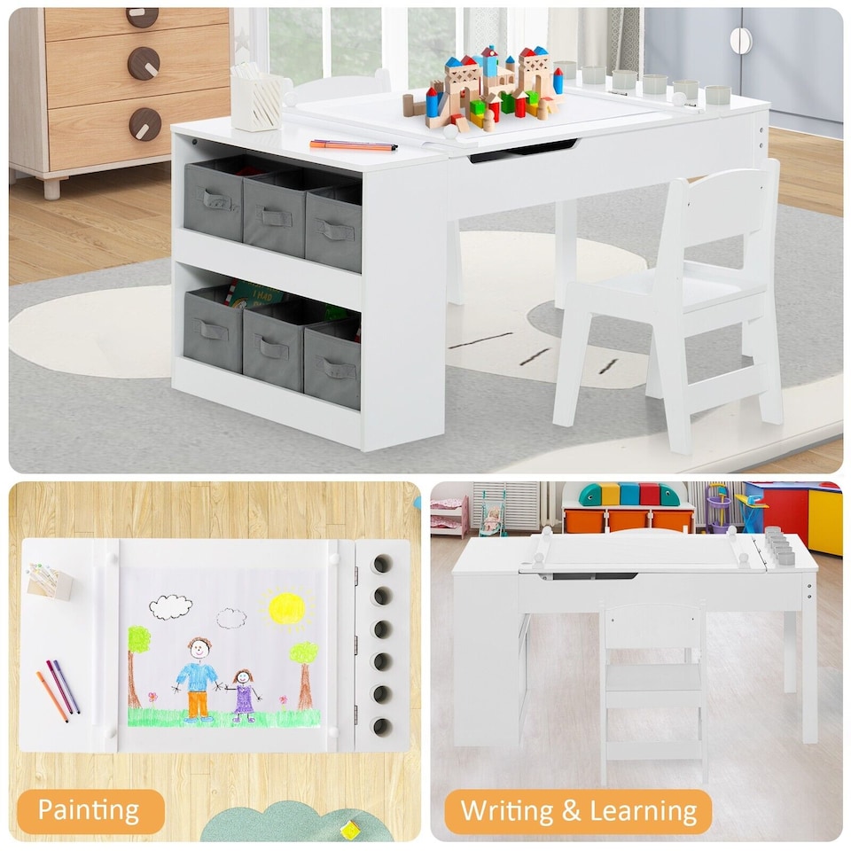 image 1 of COSTWAY 2-in-1 Kids Art Table Set with Chairs White