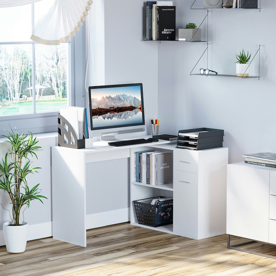 image 1 of HOMCOM Computer Desk 360 Rotating Dining Table with Storage Shelf White