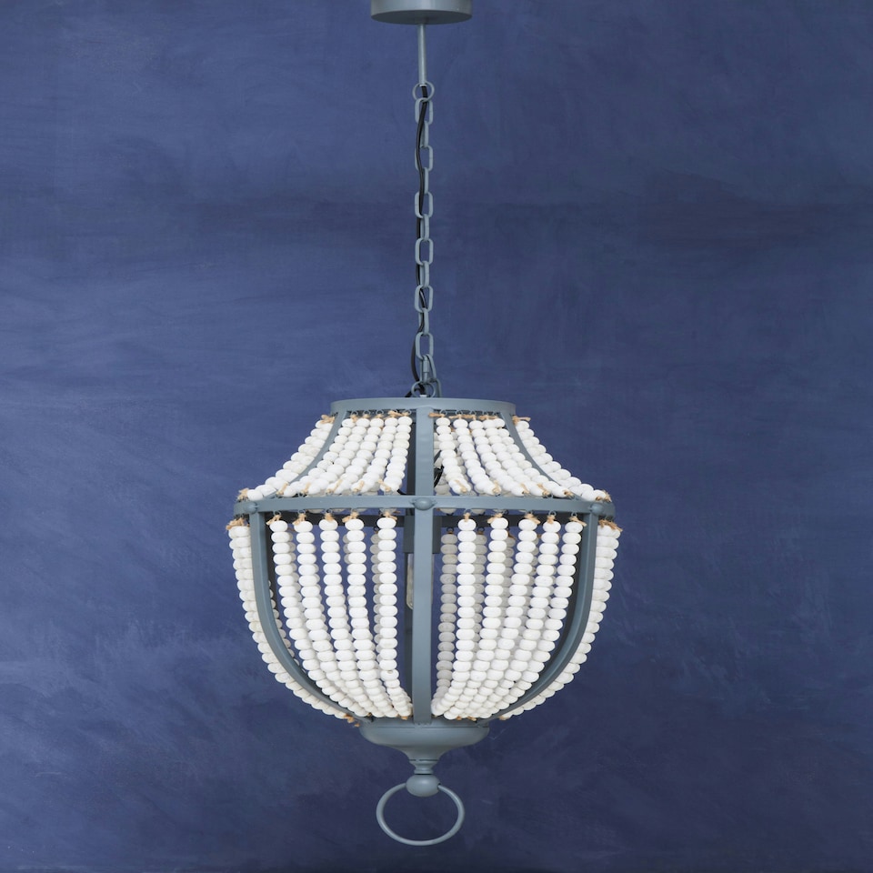 image 1 of Interiors by Premier White Grey Wooden Bead Chandelier, Rustic Boho Hanging Light Fixture, Handmade Basket Drop Pendant Grey