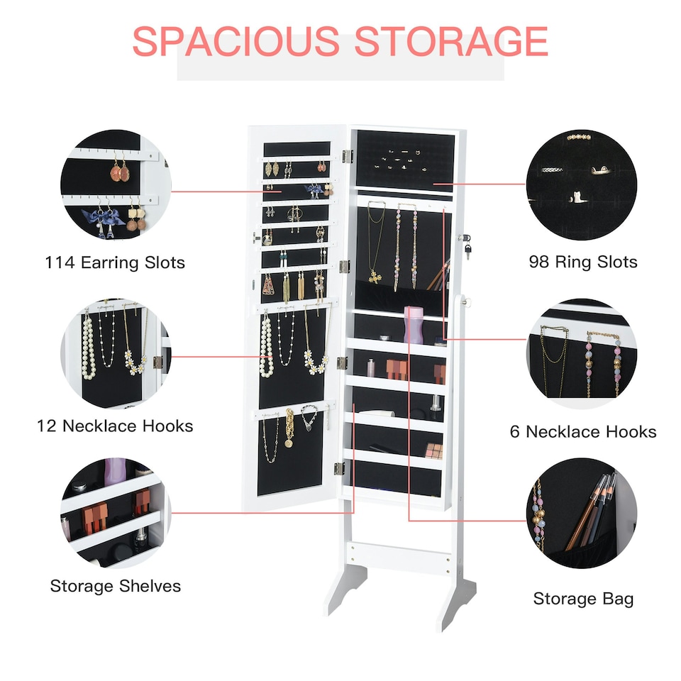 image 1 of HOMCOM Lockable Jewellery Storage Mirror Armoire Freestanding Adjustable White