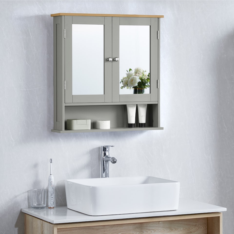 image 1 of Bath Vida Priano 2 Door Mirrored Wall Mounted Bathroom Cabinet With Shelf, Grey & Oak | Grey | Grey & Oak | 1