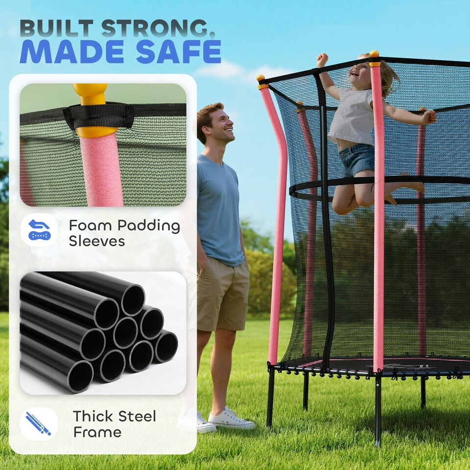 image 1 of HOMCOM 5.4FT Kids Trampoline With Enclosure Indoor Outdoor, Pink