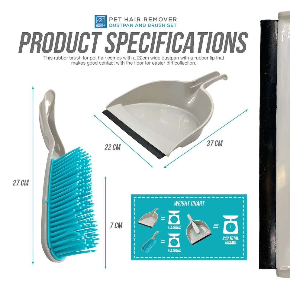 image 1 of Pet Hair Remover Dustpan and Brush Set with Soft Rubber Bristles and Wide Dustpan