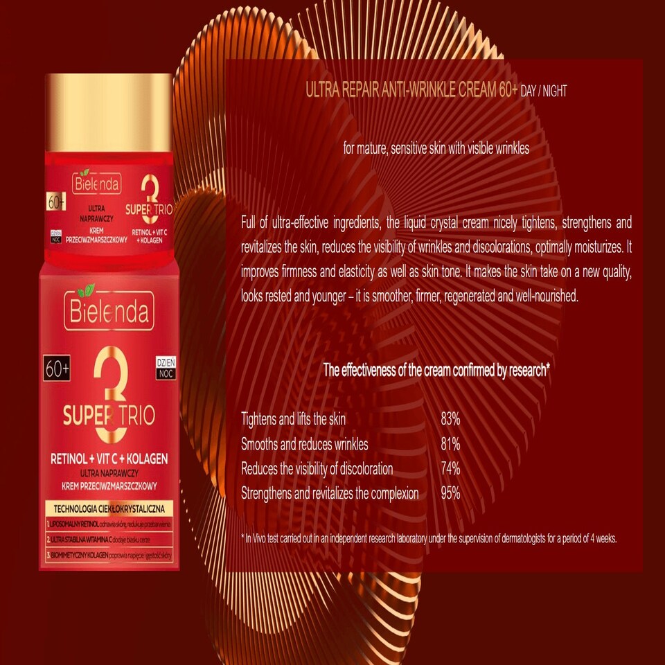 image 1 of Bielenda Super Trio Retinol + Vit C + Collagen Ultra Repairing Anti-Wrinkle 60+ Cream 50ml