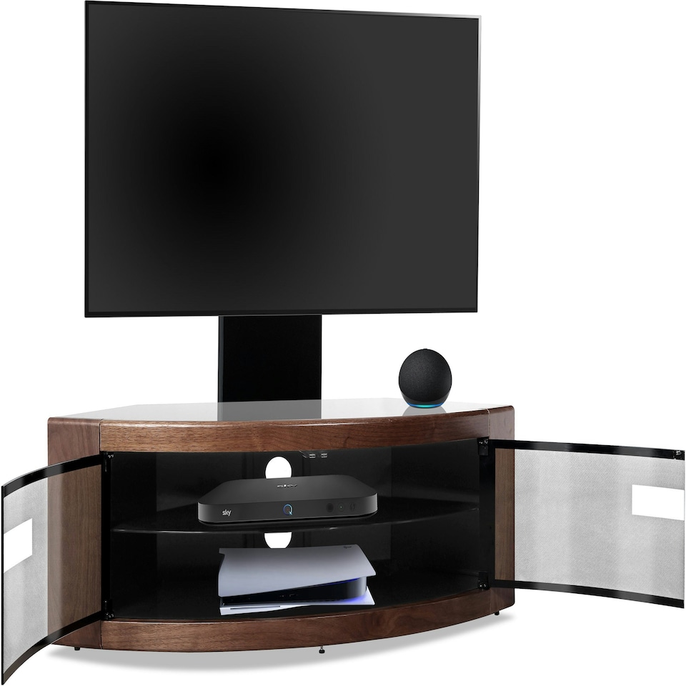 image 1 of Centurion Supports PANGEA Black/Walnut Beam-Thru Curved True-Corner 32"-50" TV Cabinet with Mounting Arm Black | Walnut