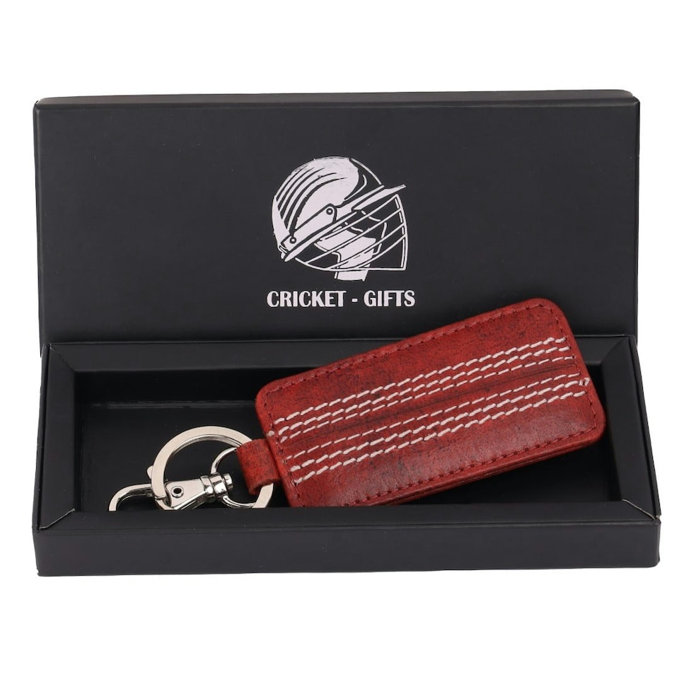 image 1 of CRICKET-GIFTS Buffalo Leather Key Fob | Genuine Cricket Leather | Durable & Elegant Design | Red Leather with White Stitching | Compact Size, Red