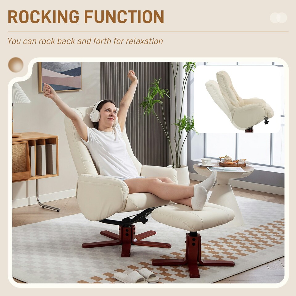 image 1 of HOMCOM Recliner Armchair with Wood Base, Upholstered Reclining Chair, Cream Cream