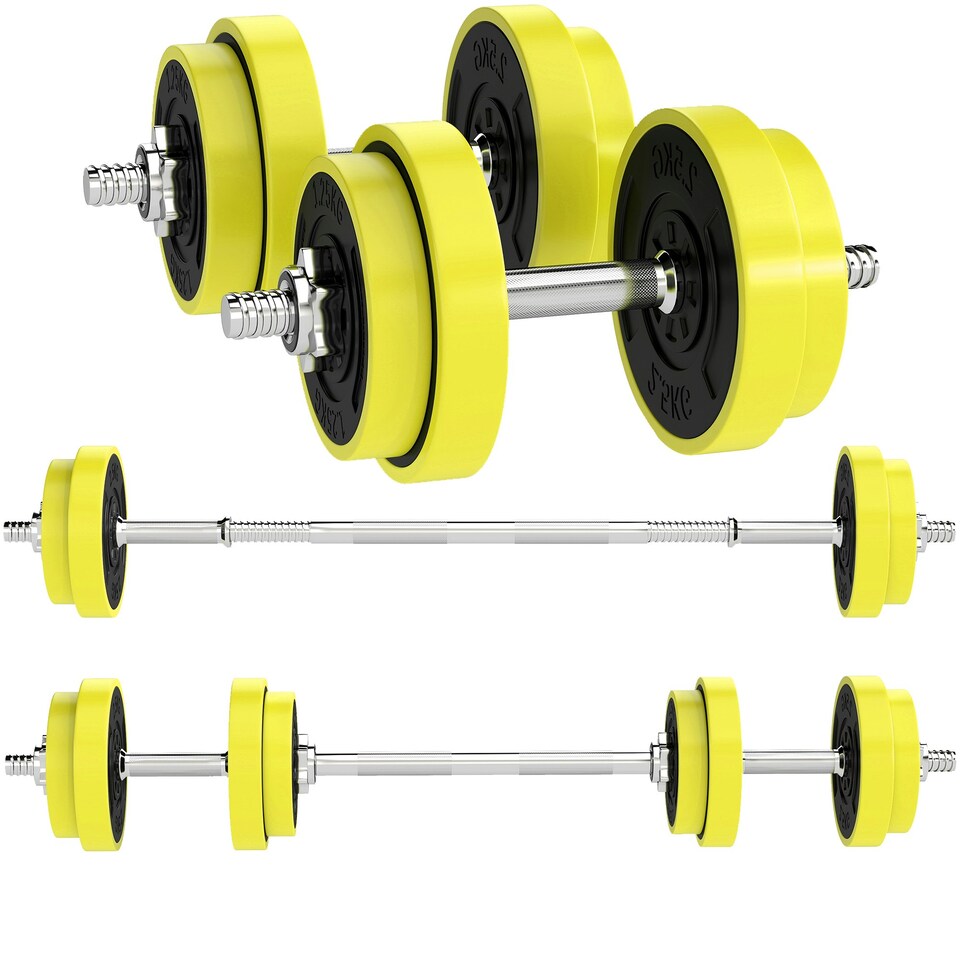 image 1 of HOMCOM Adjustable 20KGS Barbell & Dumbbell Set for Home Gym, Yellow Standard
