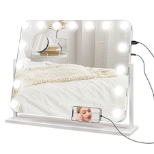 HOMCOM Hollywood Vanity Mirror with Lights, Large 6350 cm Lighted Makeup Mirror with 3 Colour, 14 LED Bulbs, 10 Magnifying, USB Charging Port, Phone Holder