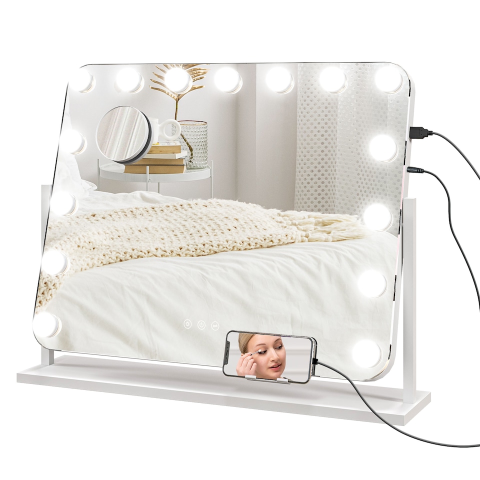 image 1 of HOMCOM Hollywood Vanity Mirror with Lights, Large 6350 cm Lighted Makeup Mirror with 3 Colour, 14 LED Bulbs, 10 Magnifying, USB Charging Port, Phone Holder