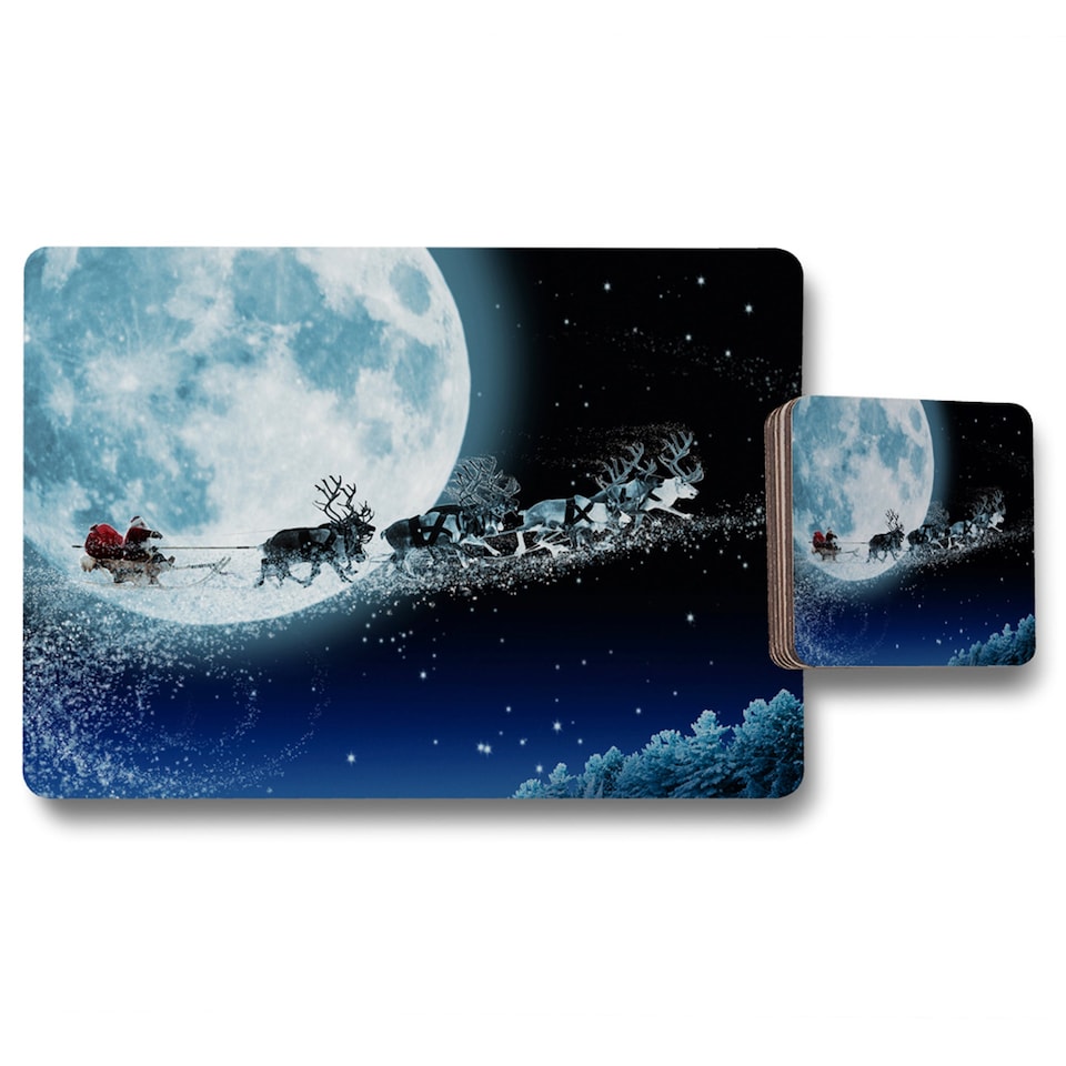 magic santas sleigh placemat coaster set | Multi