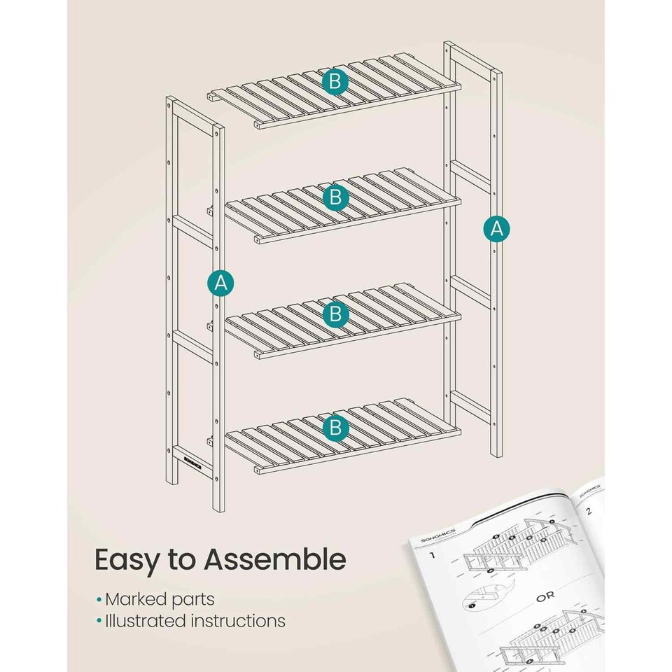 image 1 of 4 Tier Bamboo Storage Shelf, Freestanding Shelving Unit for Bathroom, Kitchen, Hallway or Living Room, White and Natural