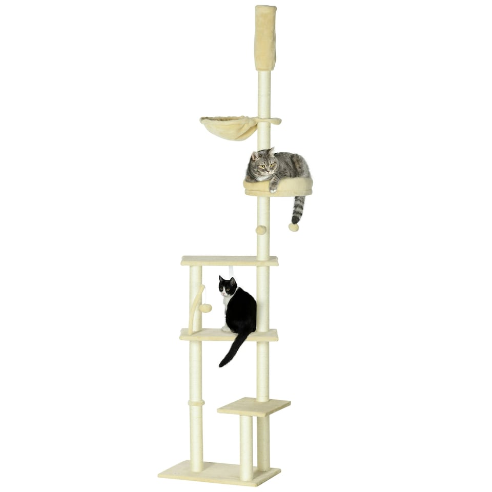 image 1 of PawHut Floor To Ceiling Cat Tree 6-Tier with Scratch Post Bed Hammock Beige