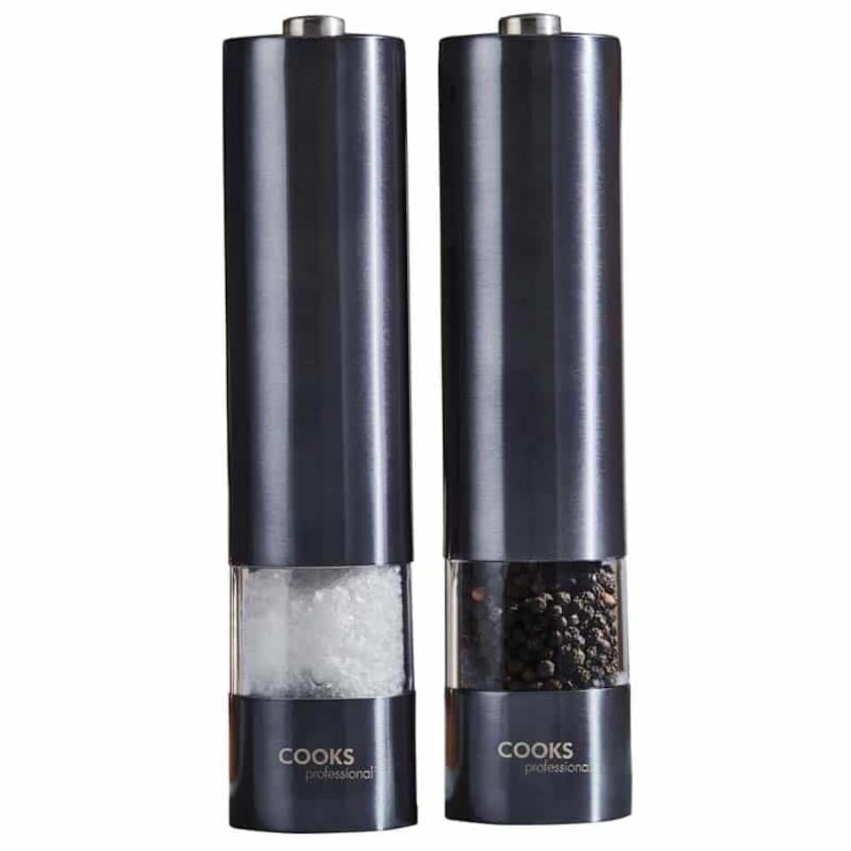 image 1 of Cooks Professional Electric Salt & Pepper Mill Set | Adjustable Grind Settings | Simple One-Button Operation | Graphite