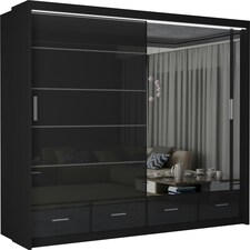 Sleek High Gloss Sliding Wardrobe 203cm with Drawers | White/Black/Grey 2-Door Bedroom Storage Black | Black203cm 