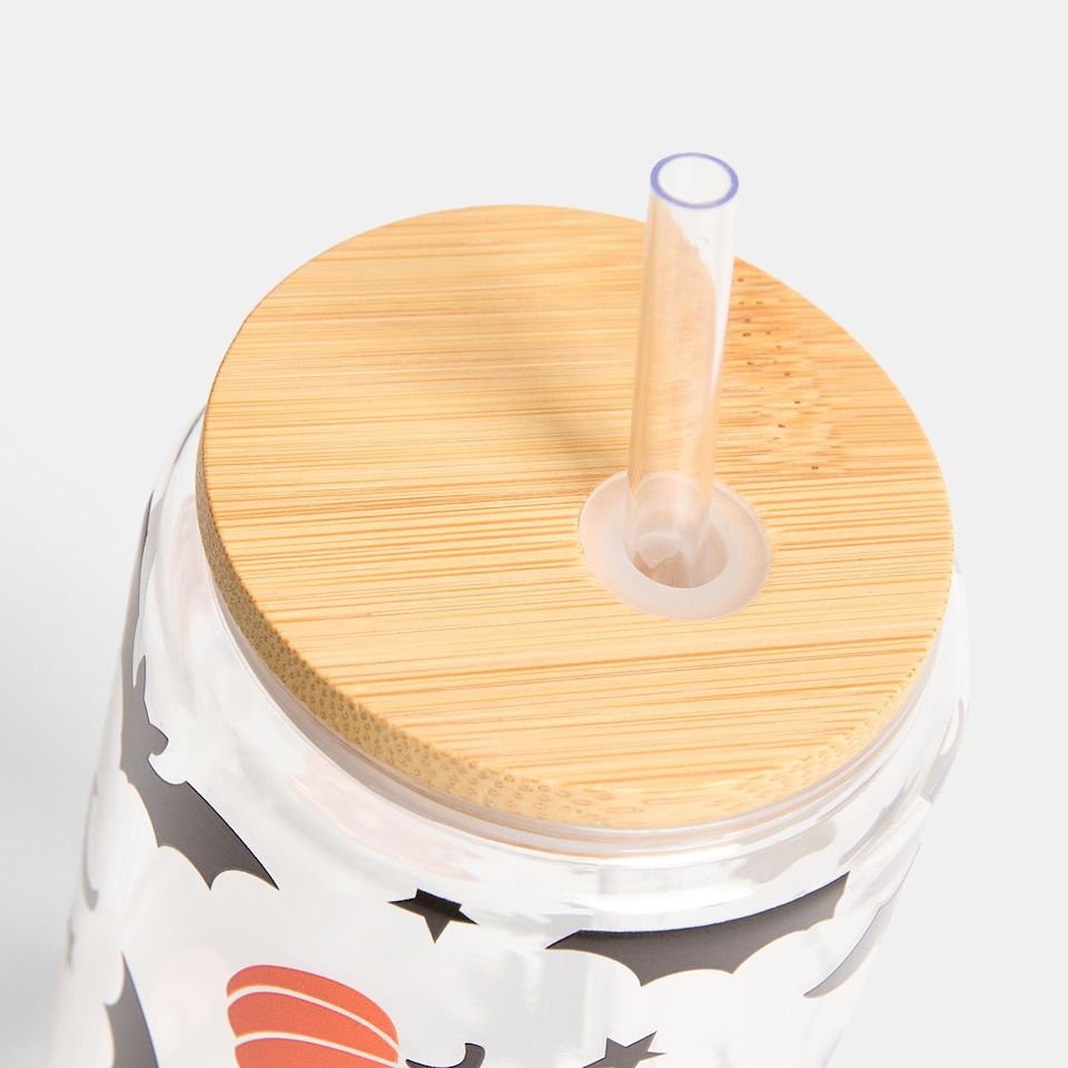 image 1 of OHS 2 Pack Halloween Plastic Cups with Bamboo Lids Clear Drinking Jar