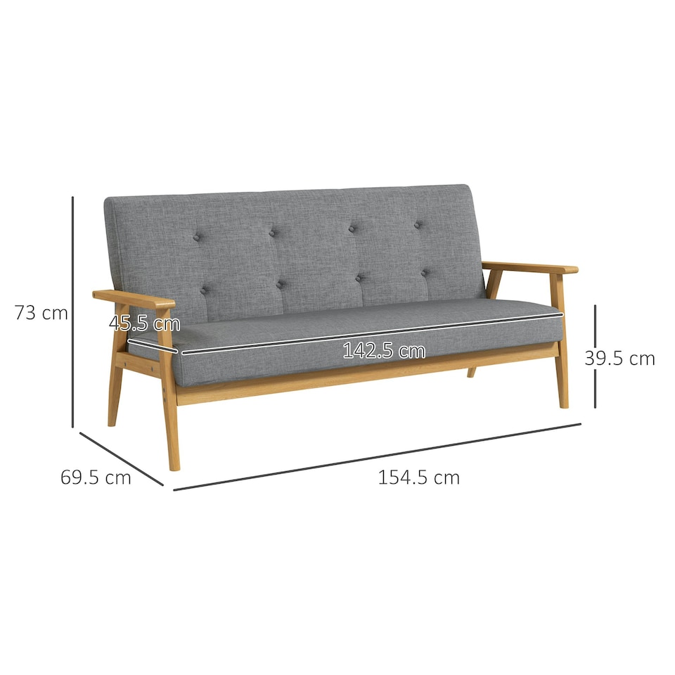 image 1 of HOMCOM Modern 3-Seater Sofa Upholstery w/ Rubber Wood Legs Dark Grey