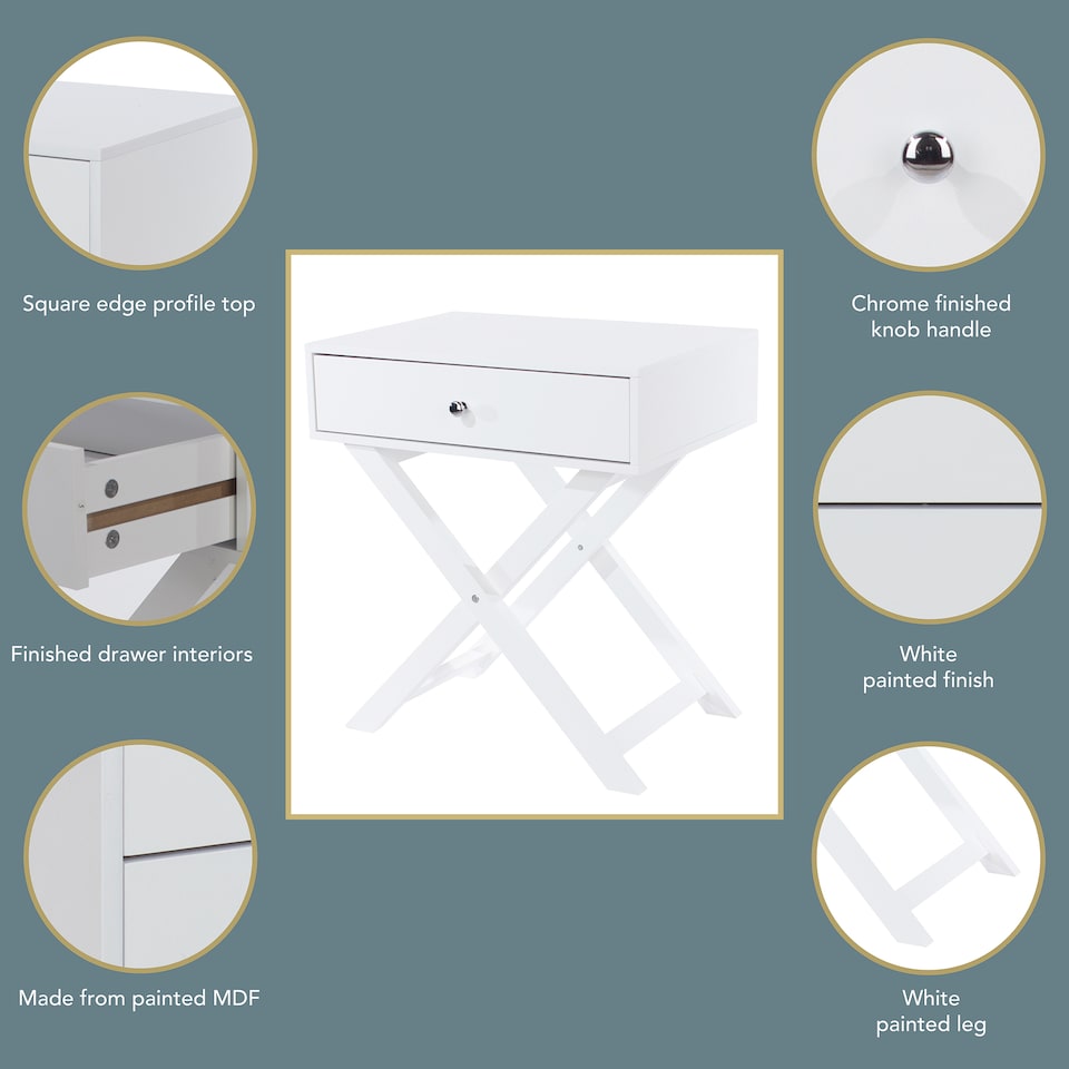 image 1 of Options 1 Drawer X-Frame Bedside Table - Painted Finish, Polished Metal Handle | White | White | One Size | 1