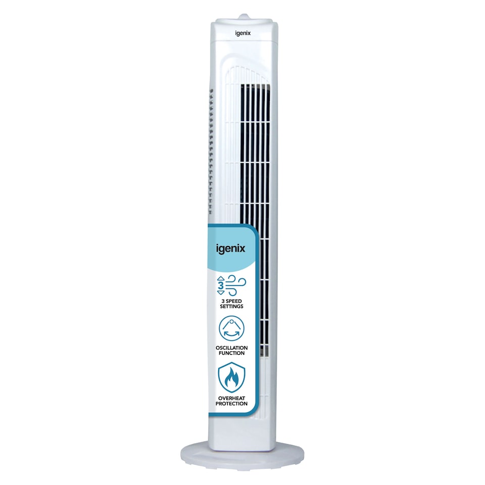 image 1 of Igenix DF0029 Tower Fan, Oscillating, 29 Inch, 3 Speed Settings with Auto Shut Off, White
