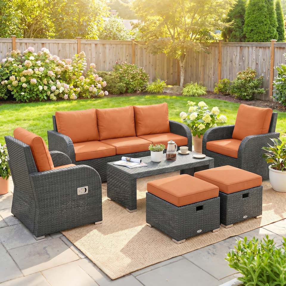 image 1 of Outsunny Rattan Garden Furniture Set with Recliners, Footstools, Orange