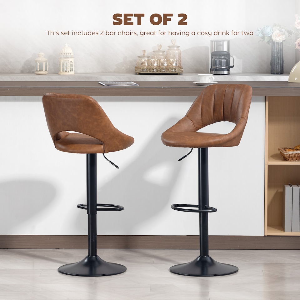 image 1 of HOMCOM Bar Stools Set of 2, Height Adjustable Swivel Barstools with Backrest and Footrest, PU Leather Upholstered Dining Stools for Kitchen, Counter, Breakfast Bar, Brown | Brown | Brown