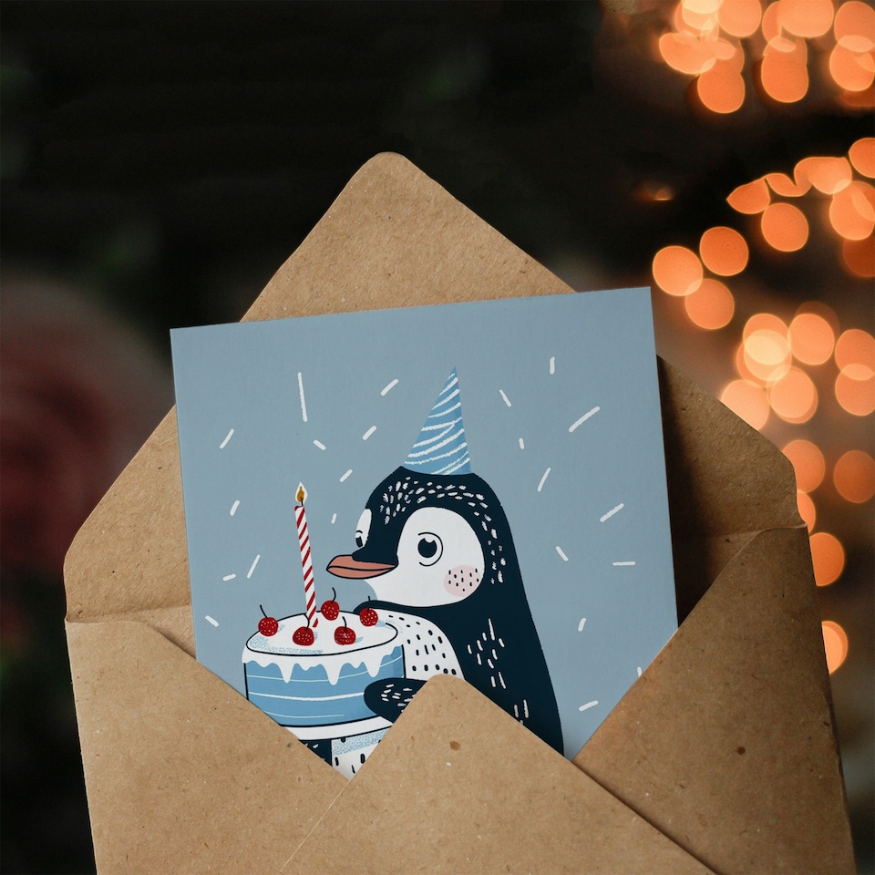 image 1 of Cute Kids Cake Party Hat Girl Boy Penguin Daughter Son Birthday Card