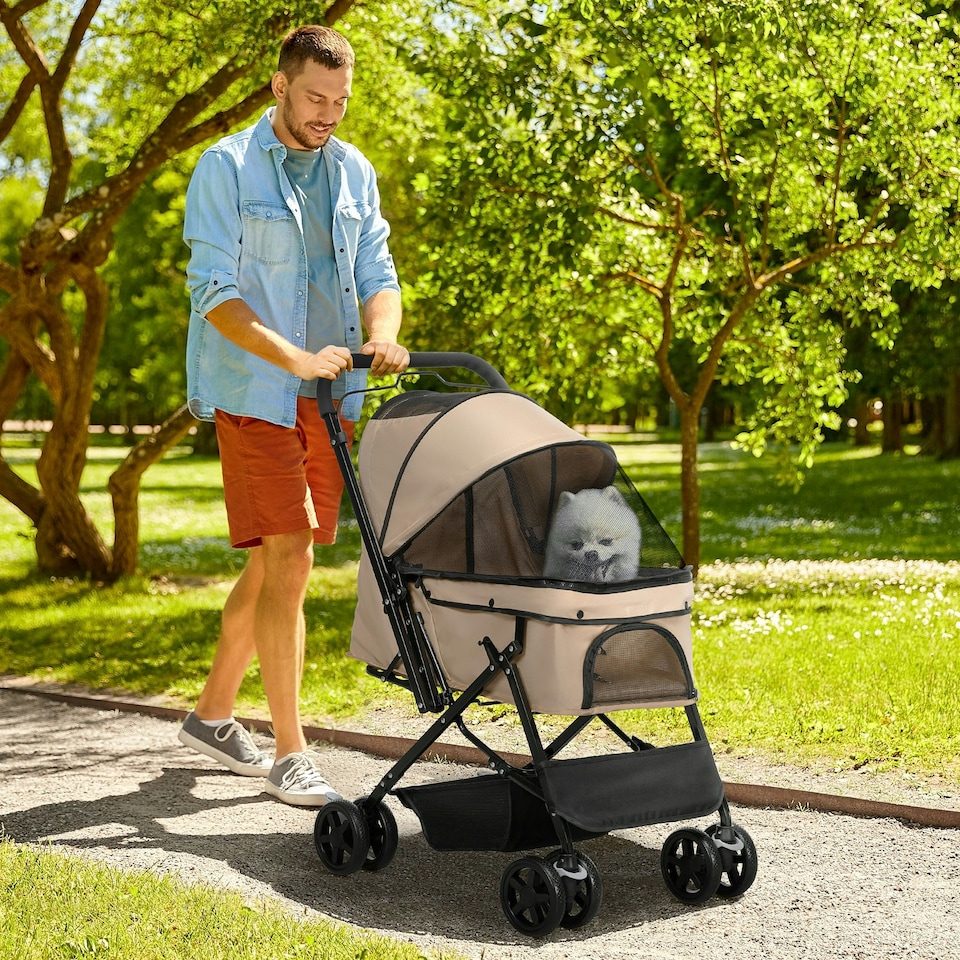 image 1 of PawHut Pet Stroller Dog Foldable Travel Carriage with Reversible Handle, Brown
