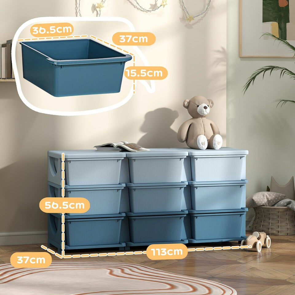 image 1 of HOMCOM Kids Storage Units with Drawers 3 Tier Chest Dresser Tower Blue | 113 x 37 x 56.5 cm