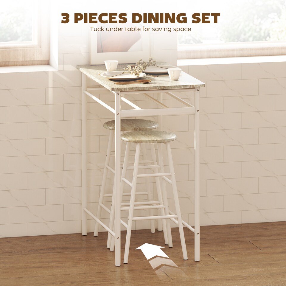 image 1 of HOMCOM Bar Table Set, Bar Table and Stools Set, Footrest and Storage Shelf, for Kitchen, Dining Room, Pub, Cafe, White and Oak