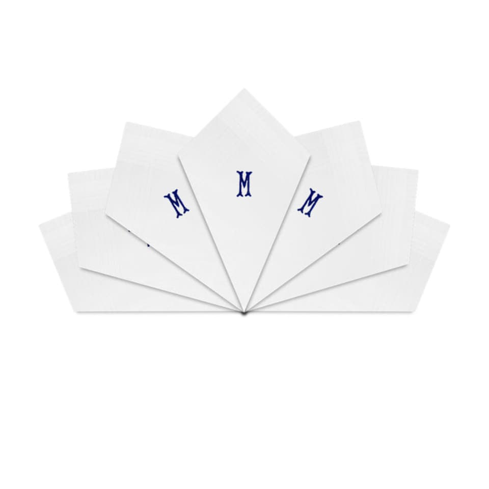 image 1 of Warwick & Vance 7 Pack White Satin Bordered Handkerchiefs with Embroidered Initials, Letter M